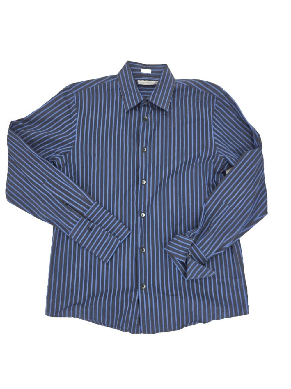 Calvin Klein Button Shirt Mens Medium Black Blue Double French Cuff Striped Vtg